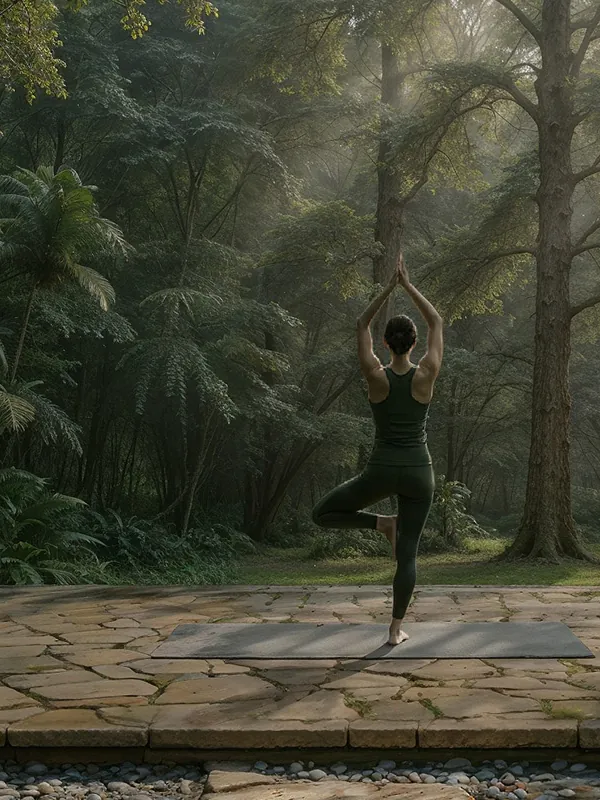 Manyata Ekamoi Phase 2, artistic impression A stone yoga deck in a forest glade, lit by a shaft of morning light