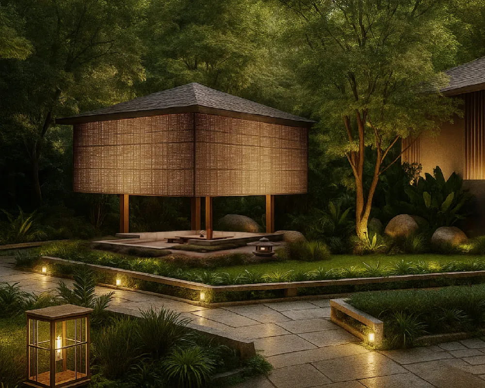 Manyata Ekamoi Phase 2, artistic impression A lantern-lit timber pavilion among ferns, boulders and a stone path at dusk, at Manyata Ekamoi Phase 2