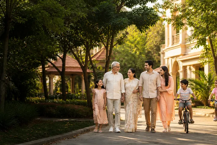 A family walking and cycling along a shaded avenue, at Manyata Summer Skies