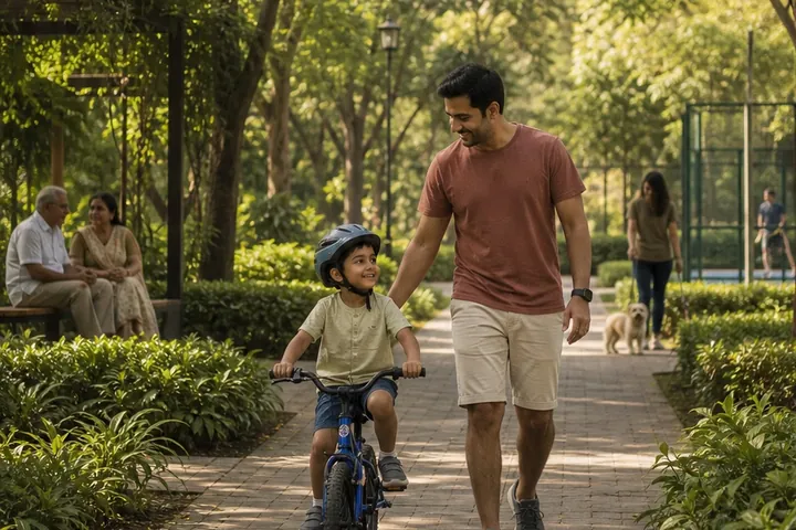A father and child cycling on a garden path, at Manyata Summer Skies