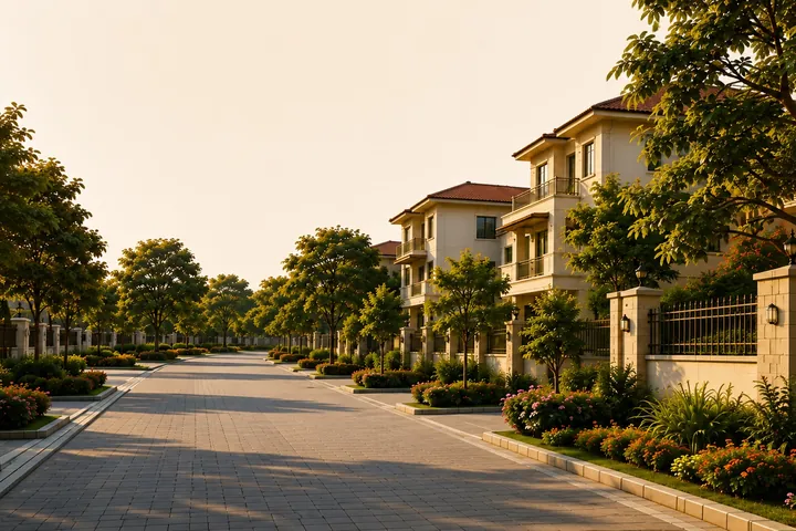 A tree-lined street of villas in the evening light, at Manyata Summer Skies
